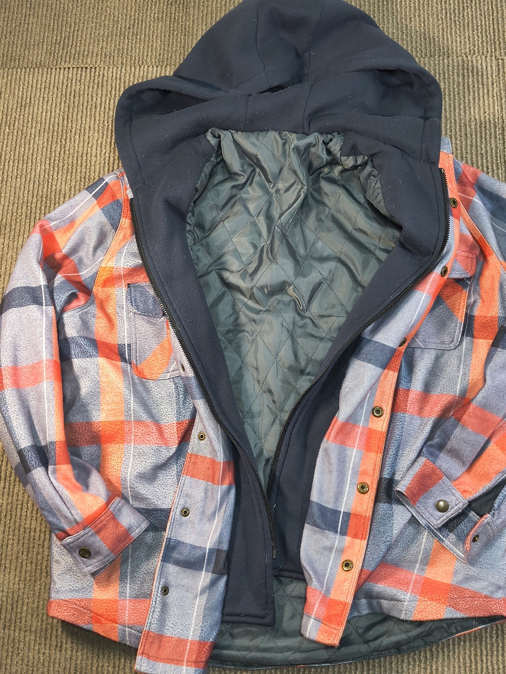 Men's Patchwork Hooded Flannel Warm Jacket Size L fits like MEDIUM